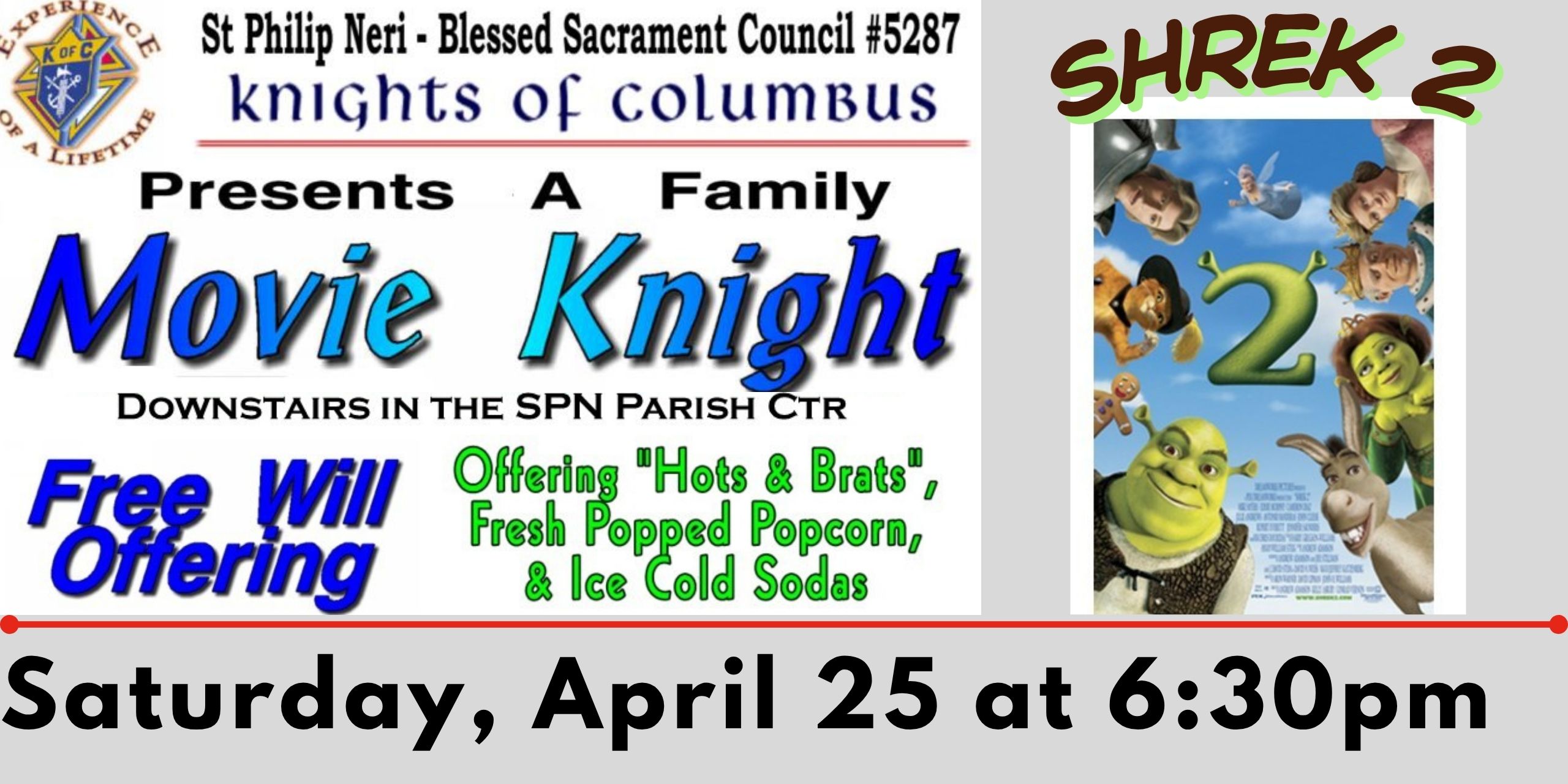 Promotional poster for St. Philip Neri Knights of Columbus 'Movie Knight' event; left side shows event details, right side features Shrek 2 imagery.