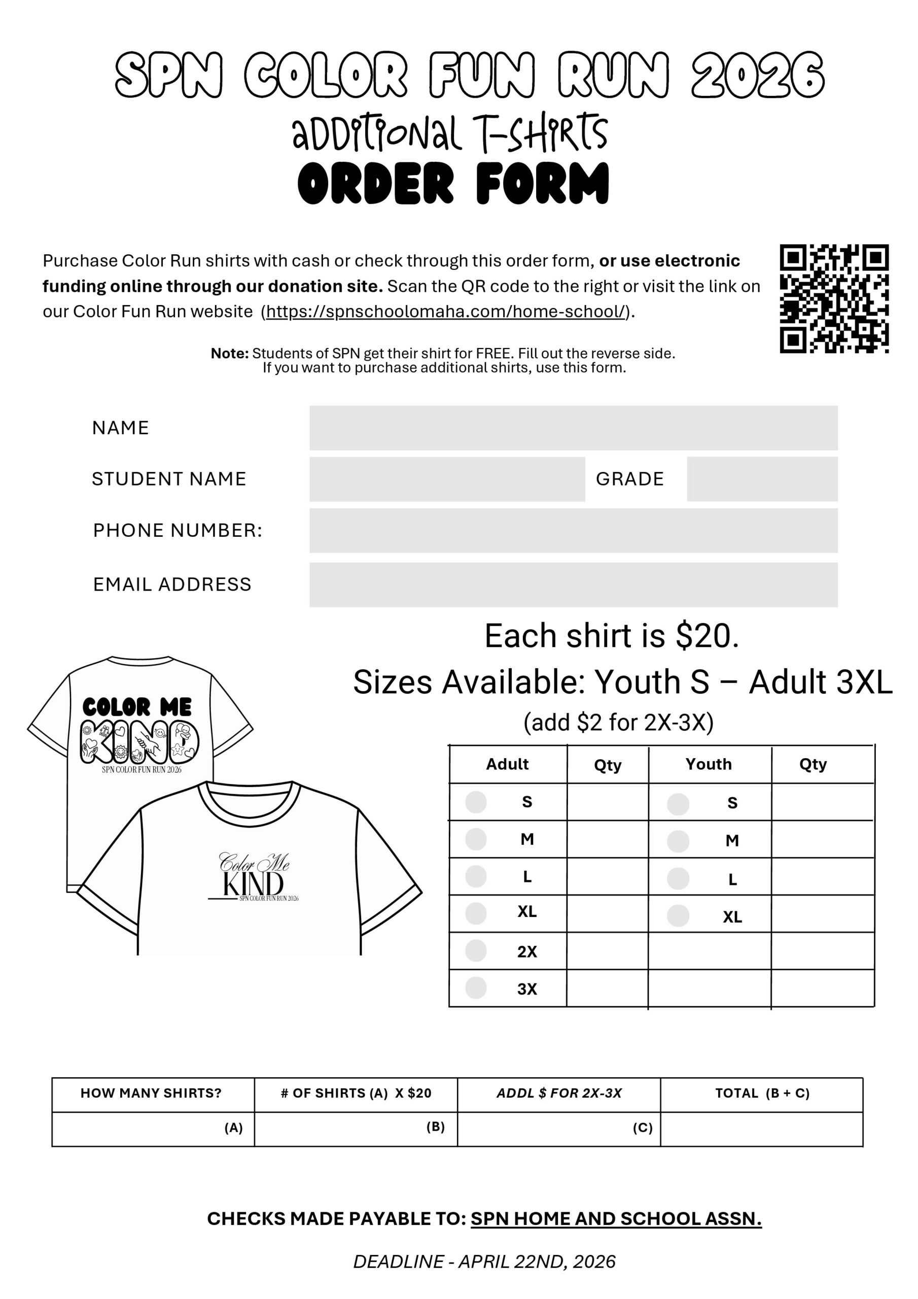 Order form for SPN Color Fun Run 2026 shirts with fields for name, student name, grade, phone, email, price , size chart, and two shirt illustrations.