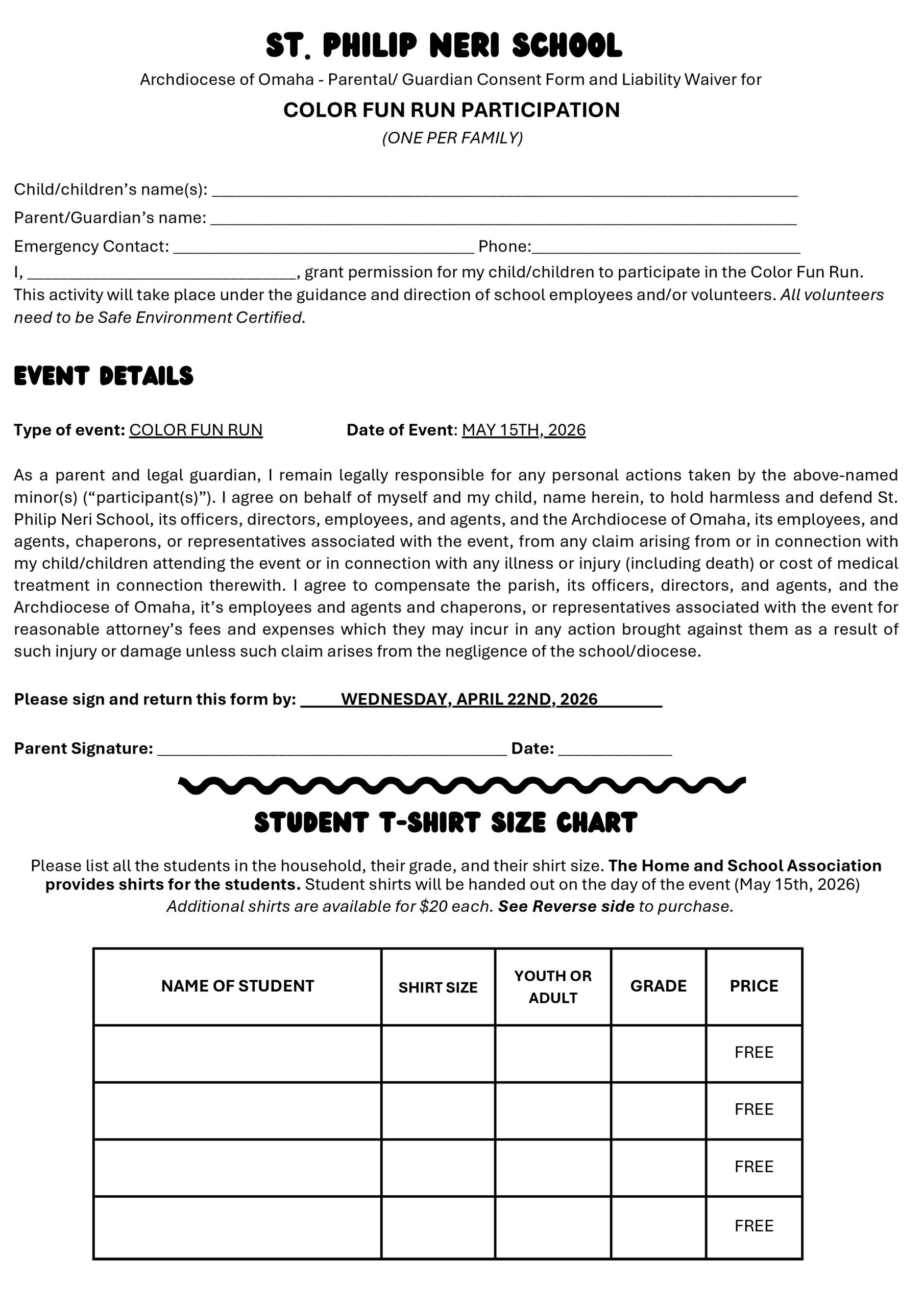 Consent form for St. Philip Neri School Color Fun Run, with fields for child name, emergency contact, permission, event details, and signature lines, plus a student T‑shirt size chart.