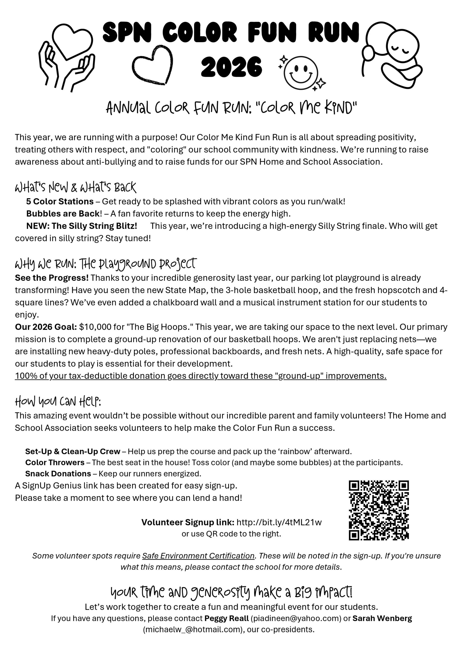 Flyer for SPN Color Fun Run 2026: 'Color Me Kind' with heart and hug doodles; outlines goals, activities, and how to volunteer with a QR code for signup.