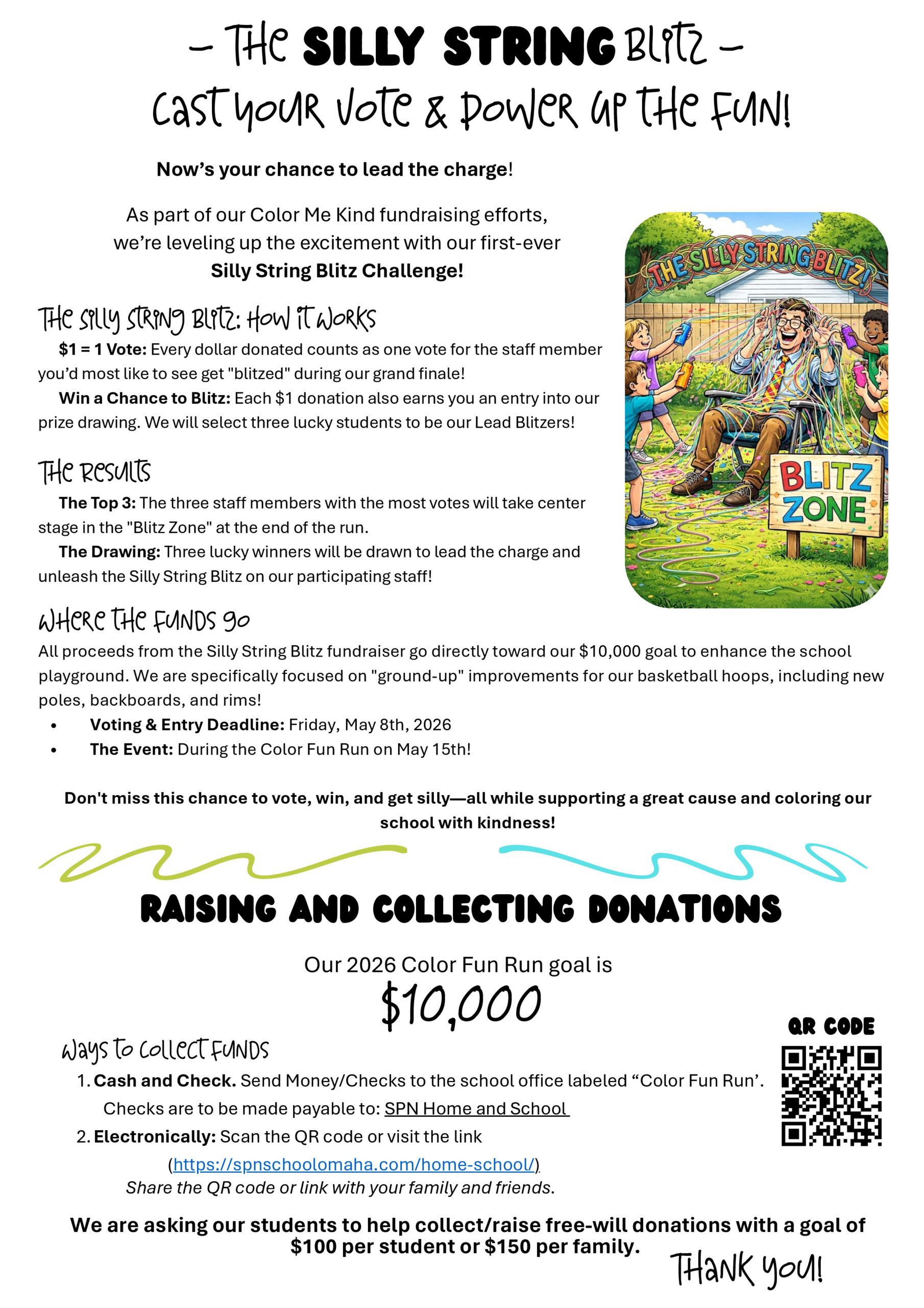 Fundraiser flyer for The Silly String Blitz; right side shows a colorful cartoon of kids at a playground with a 'Blitz Zone' sign.